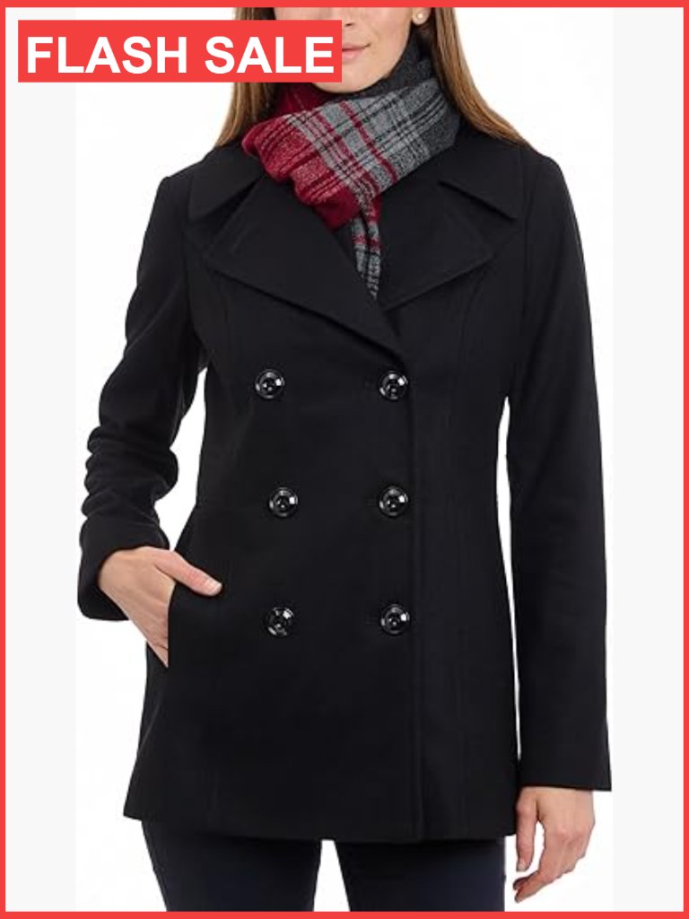 Double Breasted Wool Blend Peacoat With Scarf Plus Size